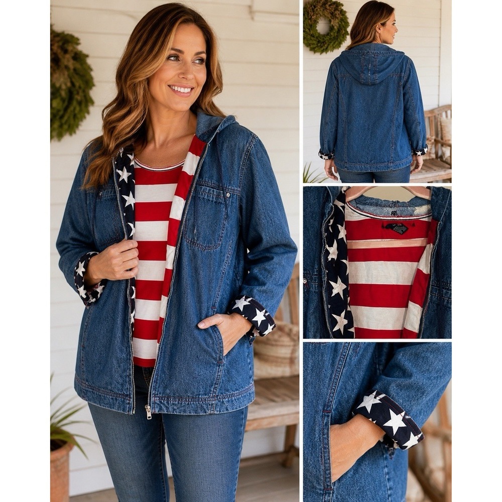 T & C Company Denim Jacket Women 2X Patriotic American Flag Lined‎ Hooded Zip